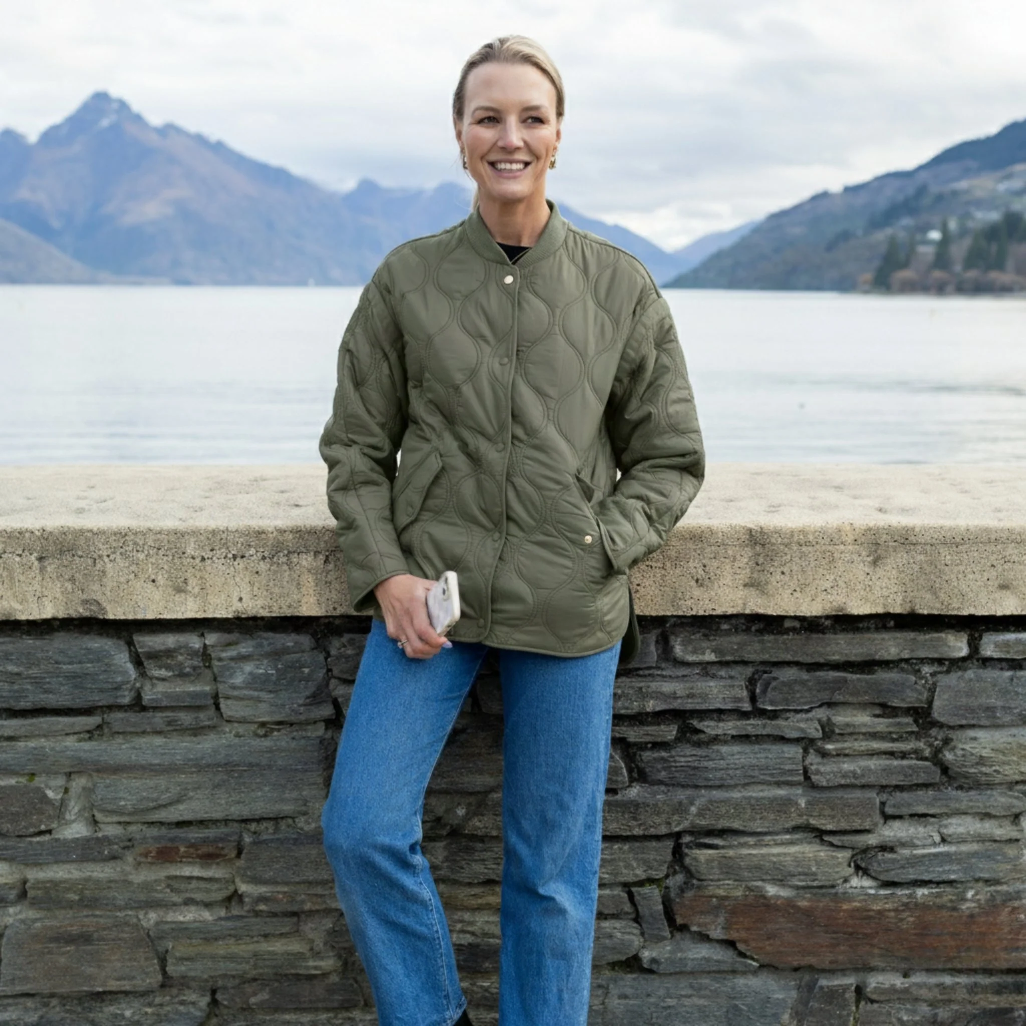 Talei Quilted Bomber Jacket - Olive Green - Image 3